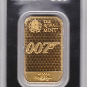 007 Royal Mint One Ounce Gold Bar. This 999.9 fine gold bullion bar comes in a plastic credit card packet with specifications.