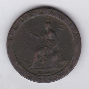 1797 Copper Cartwheel Penny Coin. The portrait of King George III on the obverse. The reverse features a seated figure of Britannia.