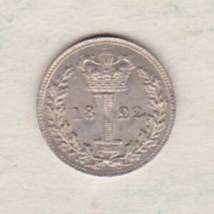 1822 Silver Maundy Penny coin featuring King George IV on the obverse. A central crowned denomination above the date on the reverse.