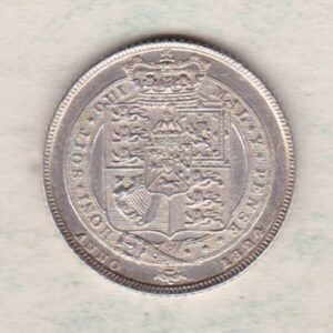 1824 silver sixpence coin featuring King George IV on the Obverse. The Reverse features a square topped crowned quartered shield of arms.