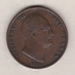 1831 copper halfpenny coin featuring King William IV on the Obverse. Britannia seated facing right holding a trident on the Reverse. 