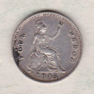 1845 Silver Fourpence Groat coin featuring a young head Queen Victoria on the Obverse. The Britannia, denomination and date are on the reverse.