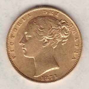 1871 S Gold Sovereign Coin features a young head queen Victoria on the Obverse and the collectable shield design on the Reverse.