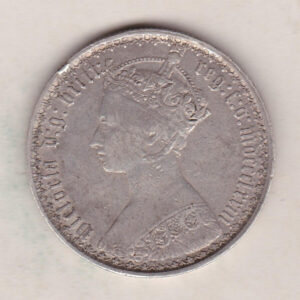 1873 Silver Gothic Florin Coin. The Obverse features a crowned bust of Queen Victoria. The Reverse features a shield with denomination.