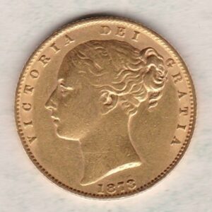 1873 S Gold Sovereign Coin features a young head queen Victoria on the Obverse and the collectable shield design on the Reverse.