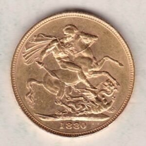 1880 Gold Sovereign Coin featuring Queen Victoria Young Head on the Obverse and St George & the Dragon on the Reverse. London Mint.