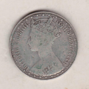 1881 Silver Gothic Florin Coin. The Obverse features a crowned bust of Queen Victoria. The Reverse features a shield with denomination.