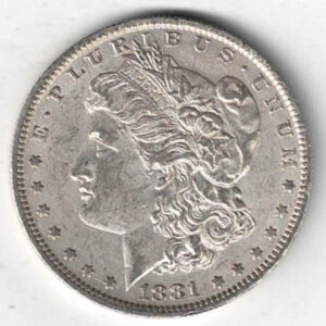 1881 O Silver USA Morgan Dollar coin featuring lady liberty on the obverse. The eagle holding arrows and an olive branch on the reverse.