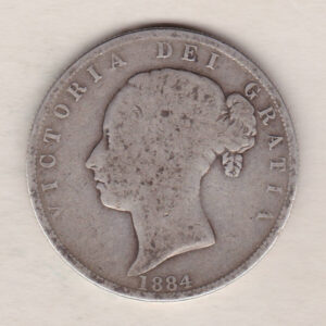 1884 Silver Halfcrown coin with young head Queen Victoria on the Obverse. Crowned square shield with laurel branches on the Reverse.