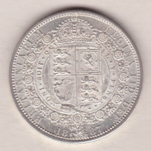 1887 Silver Halfcrown coin featuring the Jubilee head of Queen Victoria on the Obverse. The shield of royal arms completes the Reverse design.