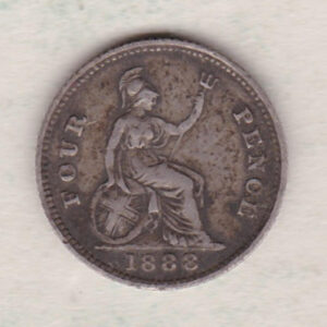 1888 Silver Fourpence Groat coin featuring a young head Queen Victoria on the Obverse. The Britannia, denomination and date are on the reverse.