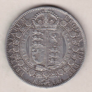 1889 Silver Halfcrown coin featuring the Jubilee head of Queen Victoria on the Obverse. The shield of royal arms completes the Reverse design.