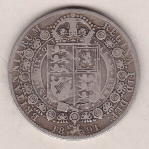 1891 Silver Halfcrown coin featuring the Jubilee head of Queen Victoria on the Obverse. The shield of royal arms completes the Reverse design.