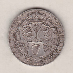 1893 Silver Florin coin. The portrait of Queen Victoria on the Obverse. With a crown above shields of England, Scotland and Ireland on the reverse.