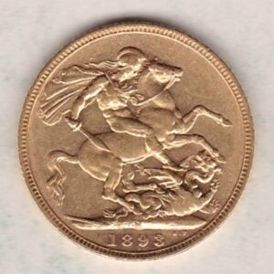 1893 M Gold Sovereign Coin featuring Queen Victoria Old Head on the Obverse and St George & the Dragon on the Reverse. Melbourne, Australia Mint.