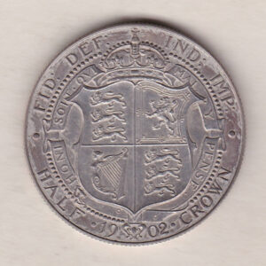 1902 Silver Matt Proof Halfcrown coin featuring king Edward VII on the Obverse. The Reverse features a crowned quartered shield of arms.