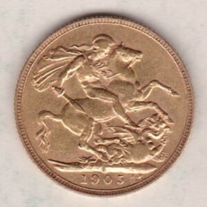 1905 S Gold Sovereign Coin. The coin features King Edward VII on the Obverse. St George and the dragon on the reverse. The S Sydney, Australia Mintmark.