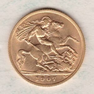 1907 Gold Half Sovereign Coin featuring King Edward VII on the Obverse and George & the Dragon on the Reverse in a plastic coin envelope.