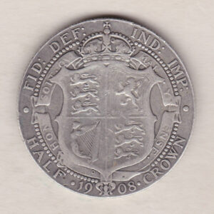 1908 Silver Halfcrown coin featuring king Edward VII on the Obverse. The Reverse features a crowned quartered shield of arms.