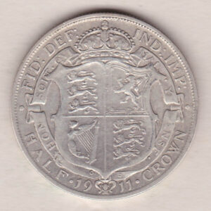 1911 Silver Halfcrown coin featuring king George V on the Obverse. The Reverse features a crowned quartered shield of arms.