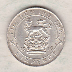1916 Silver Sixpence coin featuring King George V on the Obverse. The Reverse features a crowned lion with date and denomination.