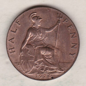 1924 Bronze Halfpenny coin featuring the portrait of King George V on the obverse. The reverse side of the coin depicts Britannia seated to the right.
