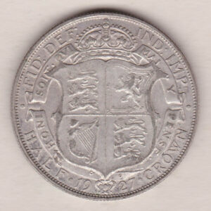 1927 Silver Halfcrown coin featuring the King George V on the Obverse. The crowned quartered shield of arms within Garter band on the Reverse.