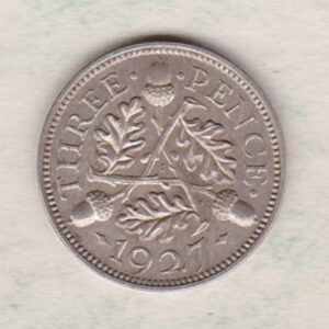 1927 Proof Silver Threepence coin featuring King George V on the obverse. The reverse features three oak sprigs with three acorns.