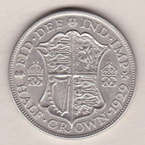 1929 Silver Halfcrown coin featuring the King George V on the Obverse. The Quartered shield of arms flanked by crowned royal cyphers complete the Reverse.
