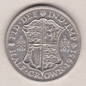 1931 Silver Halfcrown coin featuring the King George V on the Obverse. The Quartered shield of arms flanked by crowned royal cyphers complete the Reverse.