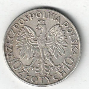1932 Poland Silver Ten Zlotych Coin. The obverse features the polish coat of arms. The reverse features a radiant head of a woman facing left.