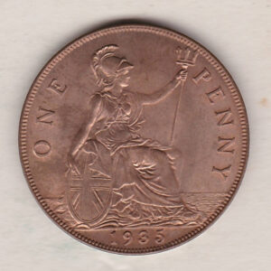 1935 Bronze Penny coin. The obverse features the portrait of King George V. The coin depicts Britannia seated to the right on the Reverse.