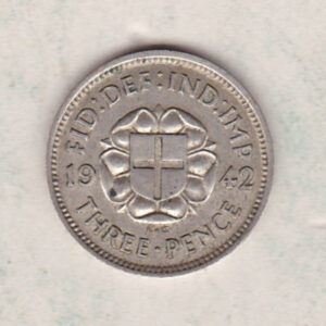 1942 Silver Threepence coin featuring King George VI on the Obverse. The Reverse features St. George's cross and the Tudor rose dividing date.
