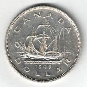 1949 Canada Silver One Dollar Coin. The obverse side of the coin features George VI facing left. The reverse features a ship sailing.