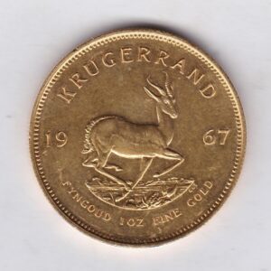 1967 South Africa Gold One Ounce Krugerrand. Investment one ounce gold coin featuring Paul Kruger on the Obverse. The springbok on the Reverse.