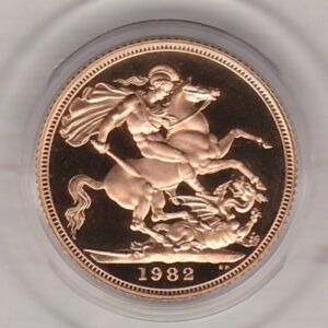 1982 gold proof sovereign coin featuring queen Elizabeth II on the Obverse & St George and the Dragon Reverse. This coin comes as issued by the royal mint.