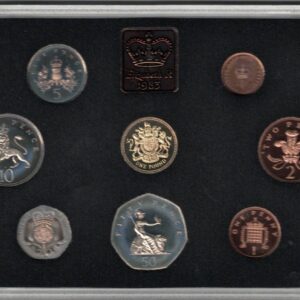 1983 Royal Mint Base Metal Eight Coin Proof Set . This 1983 set comes in a blue outer. All coins are in stock for despatch.