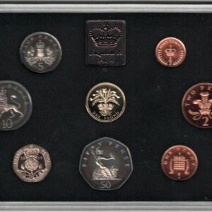 1984 Royal Mint Base Metal Eight Coin Proof Set . This 1984 set comes in a blue outer. All coins are in stock for despatch.