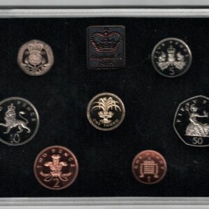 1985 Royal Mint Base Metal Seven Coin Deluxe Proof Set . This 1985 set comes in a red leather outer. All coins are in stock for despatch.