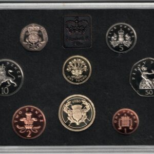 1986 Royal Mint Base Metal Eight Coin Proof Set . This 1986 set comes in a blue outer. All coins are in stock for despatch.