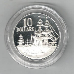 1988 Australia First Fleet Silver Proof Ten Dollar Coin. The obverse features Queen Elizabeth II facing right. the reverse features three ships.