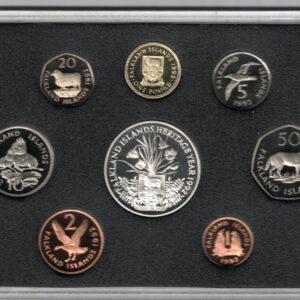 1992 Falkland Islands Heritage Year Eight Coin Proof Set. The obverse features the portrait of Queen Elizabeth II facing right.