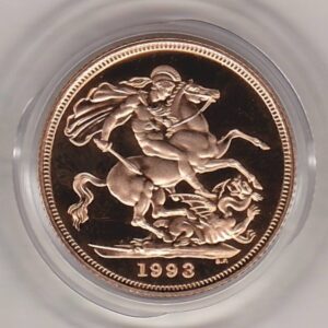1993 Gold Proof Sovereign coin. This coin is missing the original box and certificate as issued by the royal mint. The grade is near mint to mint condition.