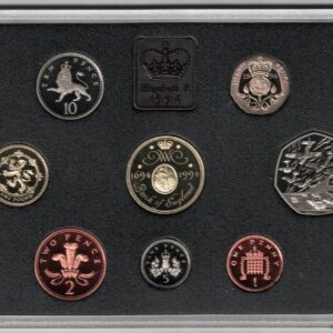 1994 Royal Mint Base Metal Eight Coin Deluxe Proof Set . This 1994 set comes in a red leather outer. All coins are in stock for despatch.