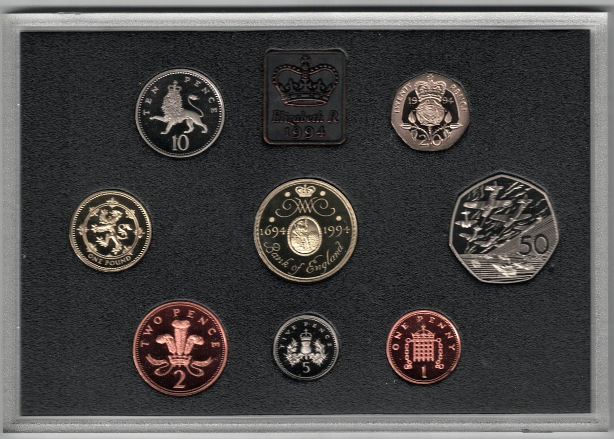 1994 Royal Mint Base Metal Eight Coin Deluxe Proof Set . This 1994 set comes in a red leather outer. All coins are in stock for despatch.