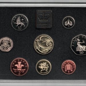 1995 Royal Mint Base Metal Eight Coin Proof Set . This 1995 set comes in a blue outer. All coins are in stock for despatch.