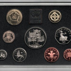 1996 Royal Mint Base Metal Nine Coin Deluxe Proof Set . This 1996 set comes in a red leather outer. All coins are in stock for despatch.