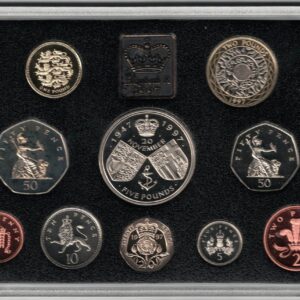 1997 Royal Mint Base Metal Ten Coin Deluxe Proof Set . This 1997 set comes in a red leather outer. All coins are in stock for despatch.