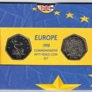 1998 Fifty Pence two coin Europe set. These coins were made in cupro-nickel by the Royal Mint. Queen Elizabeth on Obverse.