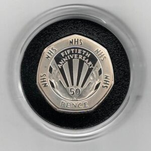 1998 Piedfort Silver Proof Fifty Pence NHS coin. This coin comes in the original red box. Queen Elizabeth II on the Obverse.